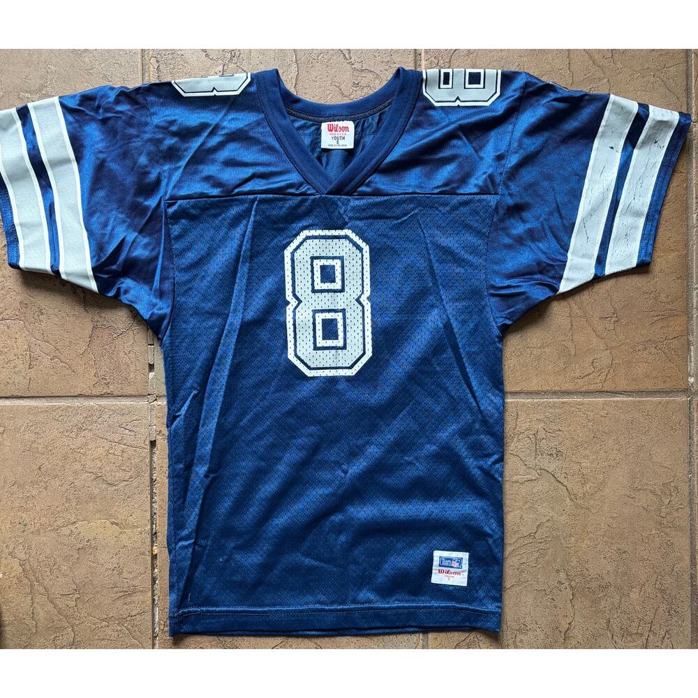 Vintage Troy Aikman #8 Dallas Cowboys Youth Jersey Wilson NFL Blue YS